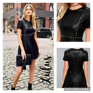Lulus Black Vegan Leather Studded Skater Dress Size XS